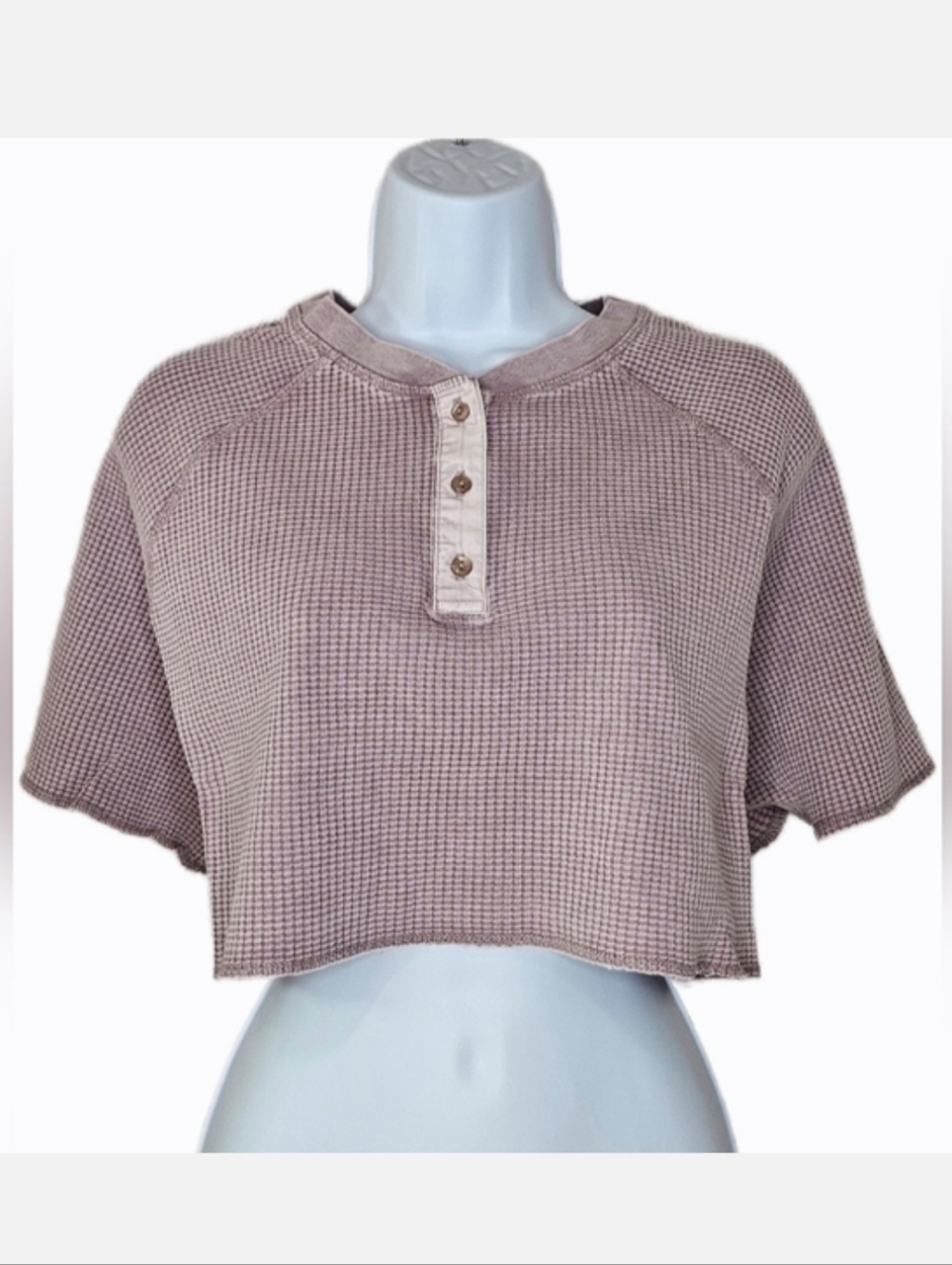 NWT Mono B Women's Waffle Crop Henley Raw Hem Top Iris KT-A0685 Size L